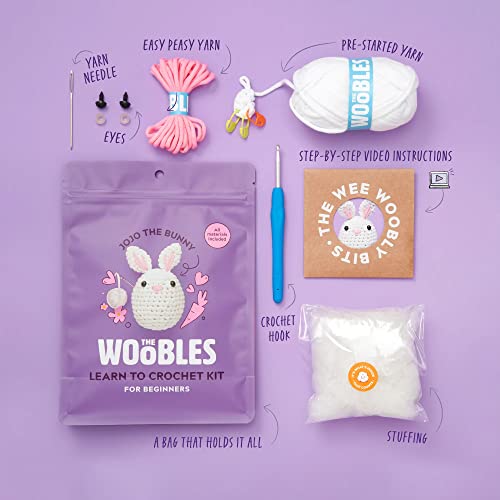 The Woobles Crochet Kit for Beginners (JoJo the Bunny) | As seen on Shark Tank, Kit includes: Easy Peasy Yarn, pre-started piece, hook, safety eyes, stuffing, video tutorials - color: JoJo The Bunny