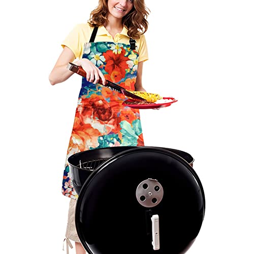 Adjustable Waterproof Apron Bib Apron with 2 Pockets Cooking Kitchen Aprons for Women Men Chef - color: Flowers