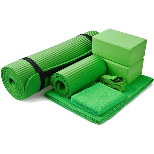 BalanceFrom 7-Piece Yoga Set with 71x24x0.5 Inches Extra Thick Mat and Carrying Sling – Includes 2 Blocks, Stretch Strap, 2 Towels, and Knee Pad for Home, Studio, and Gym Workouts - color: Green