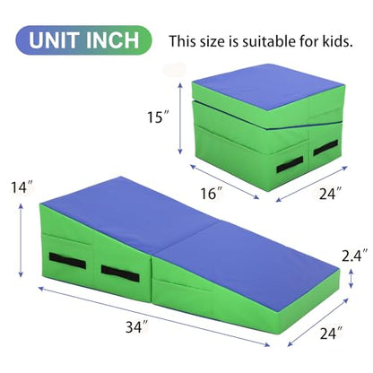 BLKMTY Incline Gymnastics Mat for Kids, 34"x24" Folding Tumbling Cheese Wedge Mats Kids Indoor Exercise Yoga Mat for Gymnastics Home Gym Mats W/Non-Slip PVC Surface and Handle - color: Blue & Green