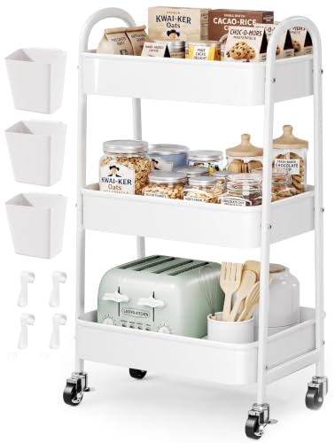 3 Tier Rolling Cart Metal with Wheels, Heavy Duty White Three Tiered Craft Cart Organizer on Wheels, Utility Roller Storage Carts for Art, Baby Nursery, Diaper Caddy, Snack,Book,Nail,Cleaning Supplies - color: Pure White