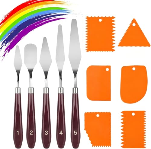 11 Pcs Palette Knife Set, 5 Pcs Stainless Steel Palette Knives and 6 Pcs Plastic Scrapers, Painting Accessories for Oil Acrylic Canvas Painting Color Mixing Thick Paint Applications (Orange)
