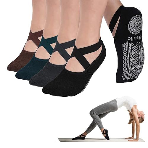 Ozaiic Pilates Socks for Women Non Slip Grip Yoga Barefoot Indoor Workout - color: 4p-coffee/Green/Black/Gray