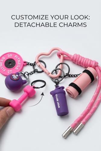Gym Keychain Motivational Fitness Accessories with Dumbbell Kettlebell Barbell Yoga Mat Charms Weightlifting Keyring - color: Purple+pink