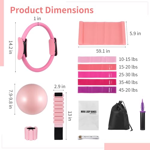 Pilates Equipment Kit for Home Workout, Pilates Ring Set with Ball, Ankle Wrist Weights, Resistance Bands, and Tape Measure, Women's Full Body Training Kit for Yoga