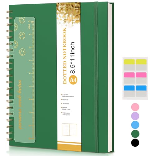 Dotted Notebook, Spiral Notebook Journal 8.5” x 11”, A4 Large Dot Grid Notebooks for Women Men, 100 GSM Dotted Paper, Plastic Hardcover Spiral Bullet Journals for Work School Sketching, Green - color: Green, size: Dotted