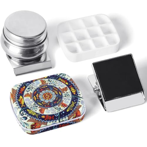 Portable Mini Tin Box 12-Well Empty Watercolor Palette Paint Mixing Tray is a Small Storage Travel Kit with Magnetic Clip and Oil Pot,Making it Outdoor Sketching and DIY Painting.Ethnic Style - color: Palettes Sets-ethnic Style