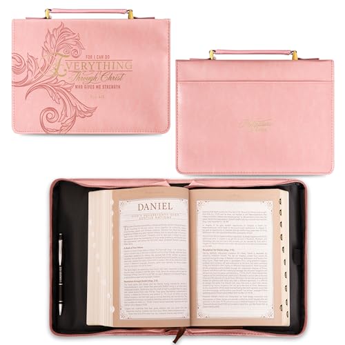 Christian Art Gifts Pink & Gold Floral Faux Leather Fashion Bible Cover for Women: Everything Through Christ - Phil. 4:13 Inspirational Scripture w/Sleeves, Pocket, Pen Loops to Organize, Pink, Large - size: Large