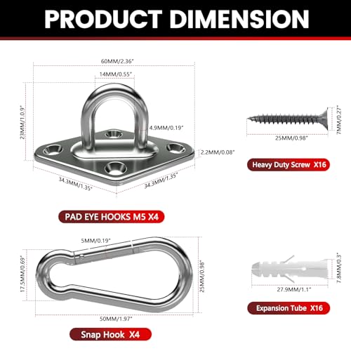 sprookber 304 Stainless Steel Pad Eye Snap Hook, M5 Ceiling Hook 500Lb,8Pcs | Hanging Kit with Screws for Hammock Chair Swing, Yoga Gym Equipment, Sun Shade Sail, Plant Hangers & Marine Boat Hardware - size: 2 Inch, style: Rhombus