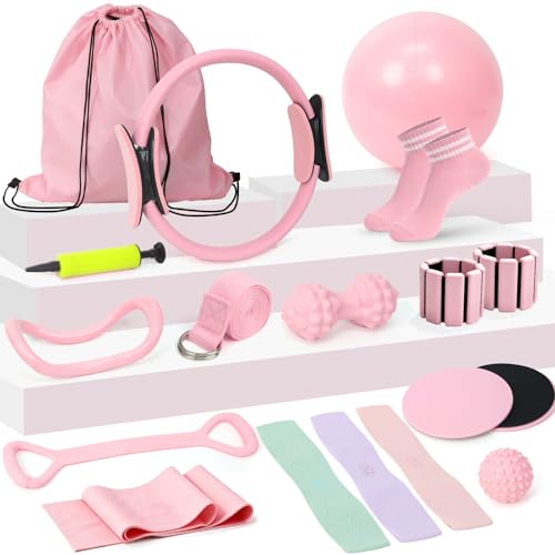 Pilates Equipment Kit for Women, Pink Ring Ball Bands, Home Workouts | 15- or 19-piece pink Pilates kit options with ring, ball, bands and workout accessories for home, travel and daily training. - color: 19PCS
