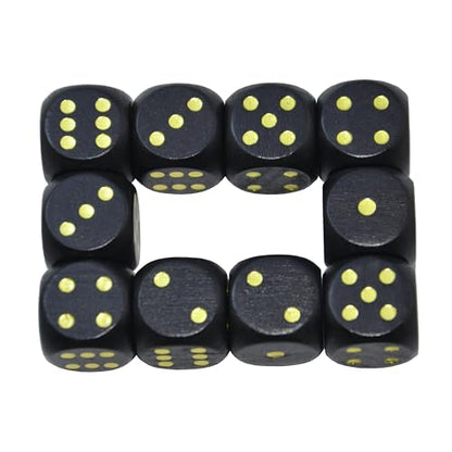 Set of 10 16MM Six Sided D6 Round Wooden Dice Set (Black) - color: Black