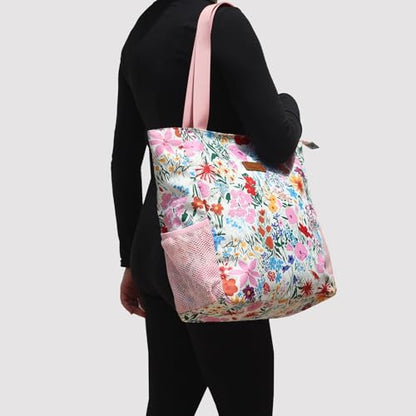 ESVAN Original Floral Water Resistant Large Tote Bag Shoulder Bag for Gym Beach Travel Daily Bags Upgraded - color: A Pink
