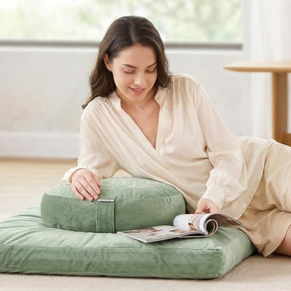 Hihealer Meditation Cushion, Traditional Tibetan Velvet Meditation Pillow | Buckwheat Yoga Bolster, Large Floor Cushion & Pillow for Adults, Zafu Zabuton Set, Zen Meditation Mat - color: Serenity Green(set)