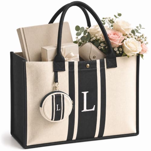 LEAFICO Initial Canvas Tote Bag – Monogrammed Gift for Women | Personalized Letter Tote for Travel Weddings Birthdays - color: L