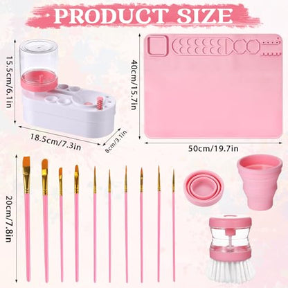 Painting Station Paint Brush Cleaner 20"X16" Silicone Paintings Mat with Cup and Paint Holder 10 Paintings Brushes Children's Painting Set Art Supplies for Kids Back to School Gifts DIY Crafts (Pink) - color: Pink