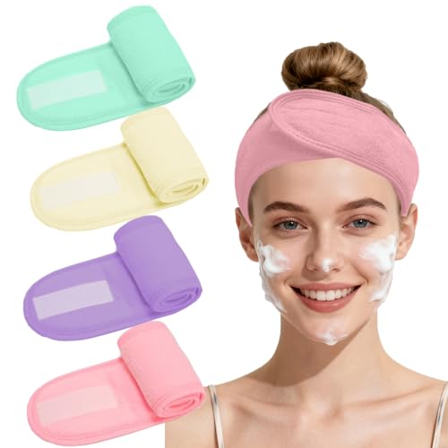 4 Pack Adjustable Makeup Headbands – Non-Slip Spa Facial Headband & Facial Hair Wrap, Adjustable Washable Towel for Shower, Yoga, Gym, Salon & Home Use (Fits All), HZFD-BE - color: Elegant Pink + Green + Light Purple + Beige