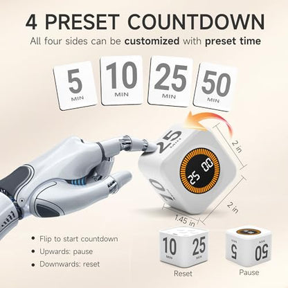 Rotating Productivity Timer, 5, 25, 10, 50 Minute Presets, Desk Cube | Gravity sensor with mute function; ADHD-friendly for work, study, kitchen and back to school - color: White