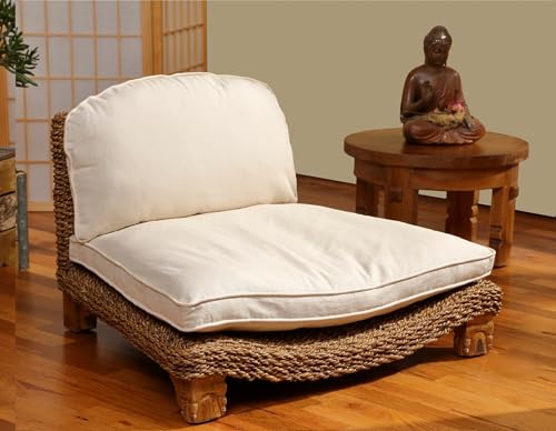 Serenity Meditation Floor Chair with Seagrass Woven Seat and Solid Mangowood Frame, Cushioned Seat, Wooden Legs, Natural Finish (Cream) - color: Cream
