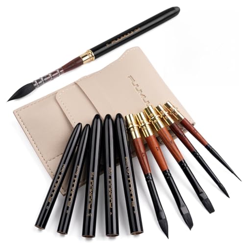 Travel Watercolor Brushes, Fuumuui Professional 6pcs Natural Soft Squirrel Hair Watercolor Travel Brush Set with Graphite Tip Pen Perfect for Watercolor Gouache Ink Painting - color: Black-6pcs