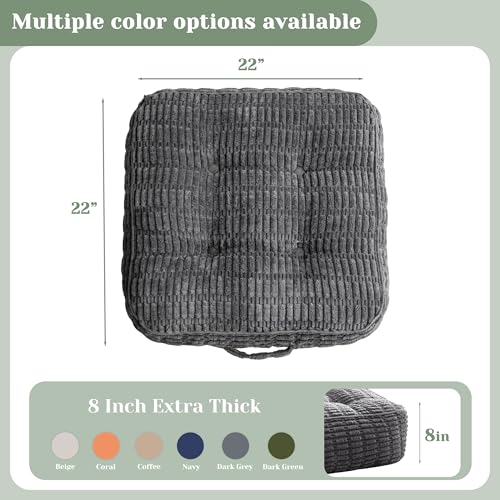 HIGOGOGO 8" Floor Pillow Cushion for Adults, Meditation Cushion Pillow, Blended Corduroy Cover, Large Square Floor Sitting for Tatami Living Room or Yoga, 22x22 Inch, Dark Grey - color: Square Dark Grey, size: 8" Thick(Pack of 1)