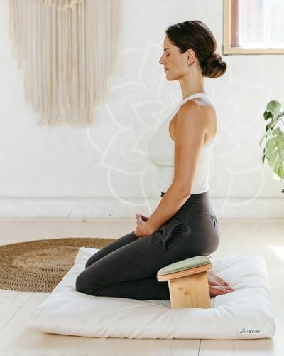 Hihealer Folding Bamboo Meditation Bench with Cushion & Carry Bag – Ergonomic Yoga and Prayer Stool for Comfort and Posture Support (Green) - color: Green