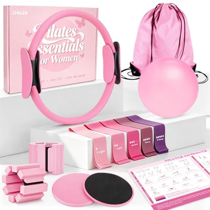 Pilates Kit for Women – Pilates Equipment for Home Workouts with 14" Pilates Ring & Mini Ball, Resistance Bands, Ankle Weights & Sliders for Full Body Toning, Strength & Flexibility