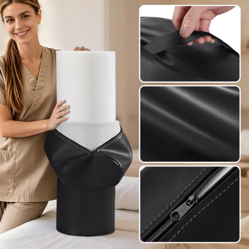 Full Round Bolster Pillow, 26" x 9" PU Leather Massage Table Bolster | Massage Pillow with Strap Handle for Knee Back Ankles Pain Relief, Comfortable Leg Bolsters Cylinder Pillow for Home/SPA/Yoga - color: 9“ Full Round - Black