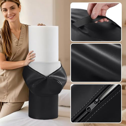 Full Round Bolster Pillow, 26" x 9" PU Leather Massage Table Bolster | Massage Pillow with Strap Handle for Knee Back Ankles Pain Relief, Comfortable Leg Bolsters Cylinder Pillow for Home/SPA/Yoga - color: 9“ Full Round - Black