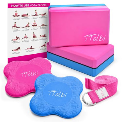 Yoga Blocks 2 Pack with Strap and Guide – Soft Non-Slip EVA Foam Blocks | High-Density Pilates Blocks for Home Workouts, Dance, Ballet, Gymnastics & Stretching Exercise, Dance Accessories and Gifts - color: Pink/Blue & Stretch Band Rose