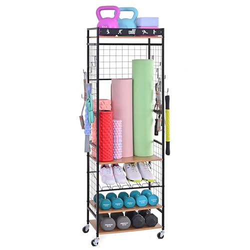 Mythinglogic Home Gym Storage Rack with Wheels for Dumbbells and Yoga Mats - color: Black+Brown