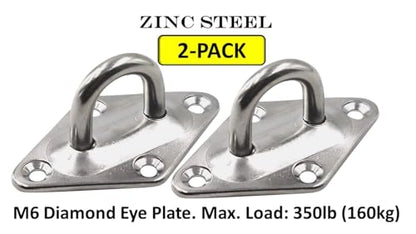 Heavy Duty Hammock Kits & Ceiling Hook Diamond Pad Eye Plates, 304 Stainless Steel & Black Zinc Galvanized Steel Corrosion Resistant, 2, 4 & 8 Packs - color: 2-Pack-Zinc-M6