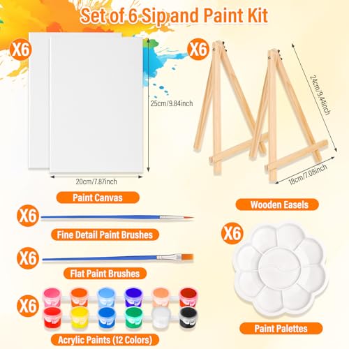 cridoz Paint and Sip Kit for Adults, 6 Pack 8" x 10" Canvases with Easels, Acrylic Paint Set, Painting Trays for Parties - style: Sip and Paint Kit