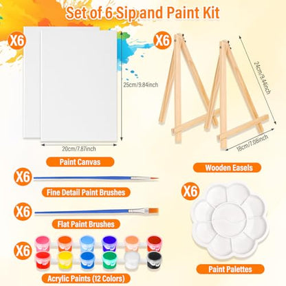 cridoz Paint and Sip Kit for Adults, 6 Pack 8" x 10" Canvases with Easels, Acrylic Paint Set, Painting Trays for Parties - style: Sip and Paint Kit
