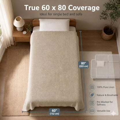 100% Pure Flax Linen Blanket – 60x80-inch Oversized Linen Throw Blanket - color: Natural Linen, size: Beach Blanket