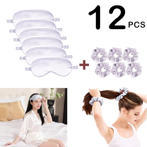 12Pcs Silk Sleep Masks Satin Eye Mask Silky Eyes Cover Blindfold Eyeshade Hair Ties Scrunchy Travel Bridesmaids Gifts - color: Light Grey