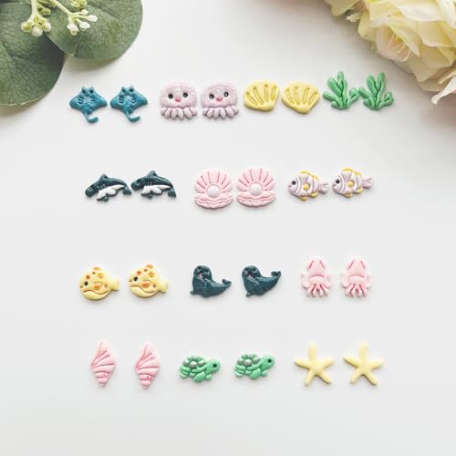 Under The Sea Polymer Clay Cutters Set - 13pcs Ocean Life Shapes Including Seal, Turtle, Jellyfish, Starfish, Dolphin & Shells for DIY Earring Jewelry, Soft Clay Crafts & Scrapbooking - color: V color