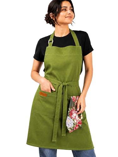 100% Cotton Kitchen Apron with 2 Pockets – Adjustable Chef Apron for Cooking Baking BBQ – Unisex Apron - color: Pine