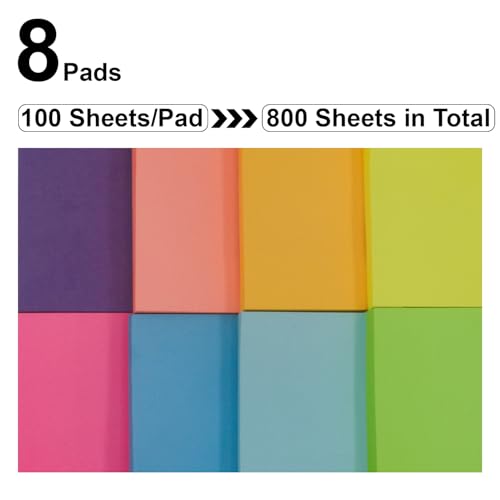 Sticky Notes 3x3, 8 Pack Sticky Pads 100 Sheet/Pad, Bulk Sticky Note Pads, Multicolor Self-Sticky Notes Pad - Teacher Classroom Must Haves, Back to School and Office Supplies Blank Desk Note Pads.