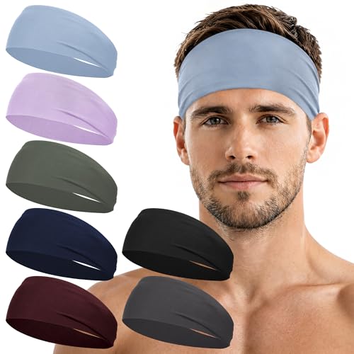 7 Pack Sports Headbands for Men, Sweat Absorbent Non Slip Elastic Headband, Quick Dry Workout Running Yoga Gym Head Wrap for Outdoor Work - color: Navy blue, army green, lavender, black, dark gray, brown-red, light blue