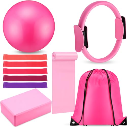 Silipull 10 Pcs Pilates Ring Blocks Set for Women Home Yoga Equipment Accessories Pilates Ring Circle and Ball Workouts Gift Include Ball Yoga Circle Resistance Bands Block Straps Gym Bag - color: Pink