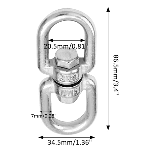Bonsicoky M8 Double Ended Swivel Eye Hook, 2 Pcs | 304 Stainless Steel, Eye to Eye Swivel, Shackle Ring Connector - color: M8, size: 2 PCS