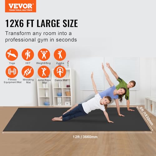 VEVOR Large Exercise Mat, 12'x6'/10'x6'/9'x6'/8'x6'/8'x5'/7'x5'/6'x4' (7mm) Extra Thick, Non Slip High Density Premium Workout Mat, Exercise Yoga Mat for Men & Women, Fitness & Exercise Mat with Bag & Carry Strap, for All Types of Home Yoga, Pilate & Floo