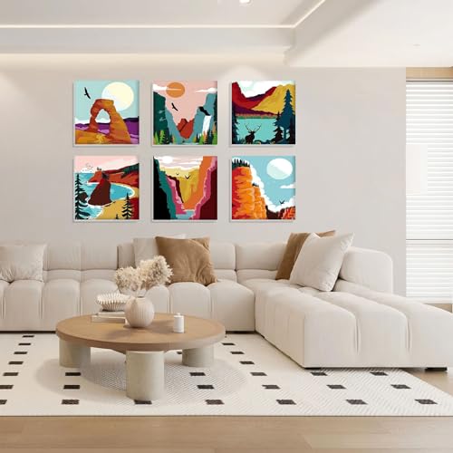 Bowetile 6 Pack Framed Paint by Numbers Kit for Adults Beginner, Landscape Adults' Paint-by-Number Kits on Canvas, Easy Acrylic Number Painting Kits for Home Decor Gifts, 8x8in - color: 8x8in-6-Landscape-01