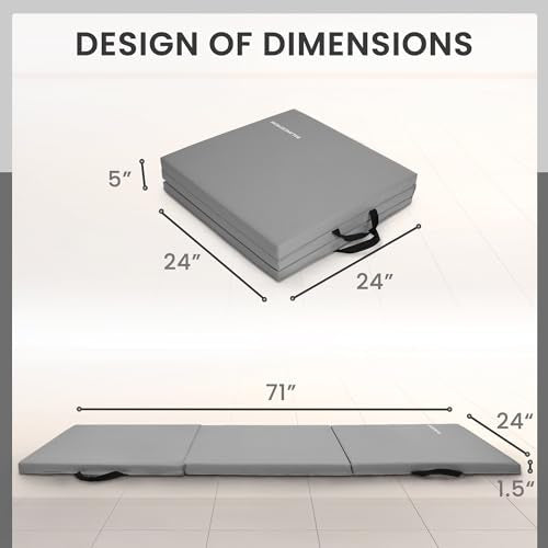 BalanceFrom 6x2 Feet 3-Panel Folding Gymnastics Mat – 1.5-Inch Thick Pad with Vinyl Surface and Carrying Handles for Tumbling, Yoga, Pilates, Home Workouts, and Martial Arts - color: Gray