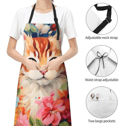 Art Apron with Pocket for Women Men | Kitchen Aprons Chef Apron for Cooking Baking BBQ Painting Gardening - color: Cat With Colorful Flowers
