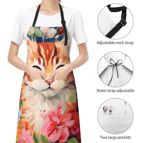Art Apron with Pocket for Women Men | Kitchen Aprons Chef Apron for Cooking Baking BBQ Painting Gardening - color: Cat With Colorful Flowers
