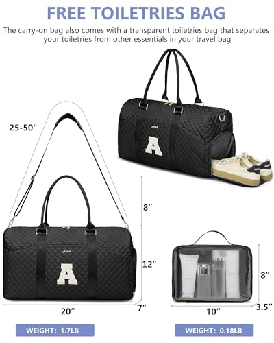 Women Weekender Travel Duffle Bag: Initial Duffel Overnight Bags with Shoe Compartment Large Carry on Tote with Toiletry Bag Weekend Traveling Yoga Gym Hospital Bag for Women with Wet Pocket Letter A - color: 15-Black Letter A, size: Large