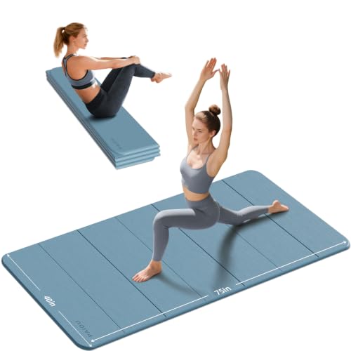 PAIDU Foldable Yoga Mat 10MM Thick 75‘’x40‘“ Quick Fold Easy Storage - color: Blue Gray
