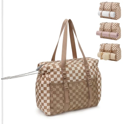 Omanmoli Beach Bag for Women Large Waterproof Sandproof Tote 40oz Holder | Anti-theft Lock & Chain,12 Pockets,2 Insulated Foil Pockets,Checkered,Cruise Travel Vacation Picnic Pool Work Gym,Checkered - color: Beige&honey