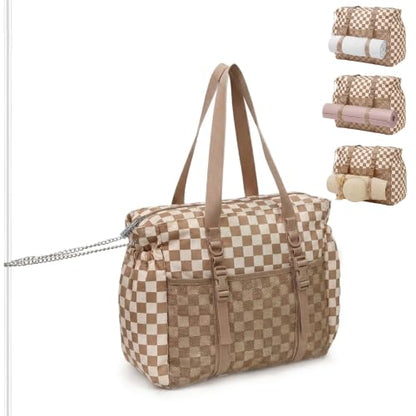 Omanmoli Beach Bag for Women Large Waterproof Sandproof Tote 40oz Holder | Anti-theft Lock & Chain,12 Pockets,2 Insulated Foil Pockets,Checkered,Cruise Travel Vacation Picnic Pool Work Gym,Checkered - color: Beige&honey